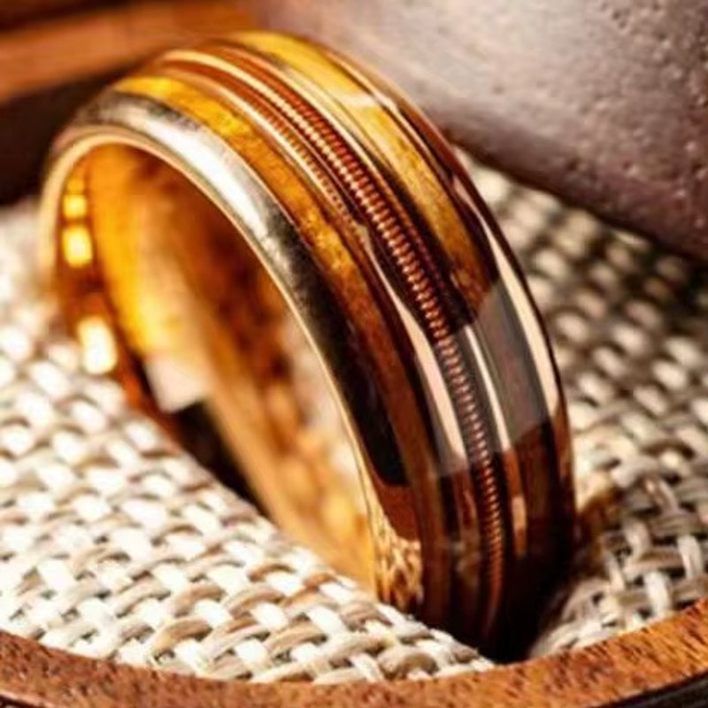 Rose Golden Ring, Inlaid Whiskey Barrel Wooden Grain Guitar String Men'S Tungsten Steel Ring